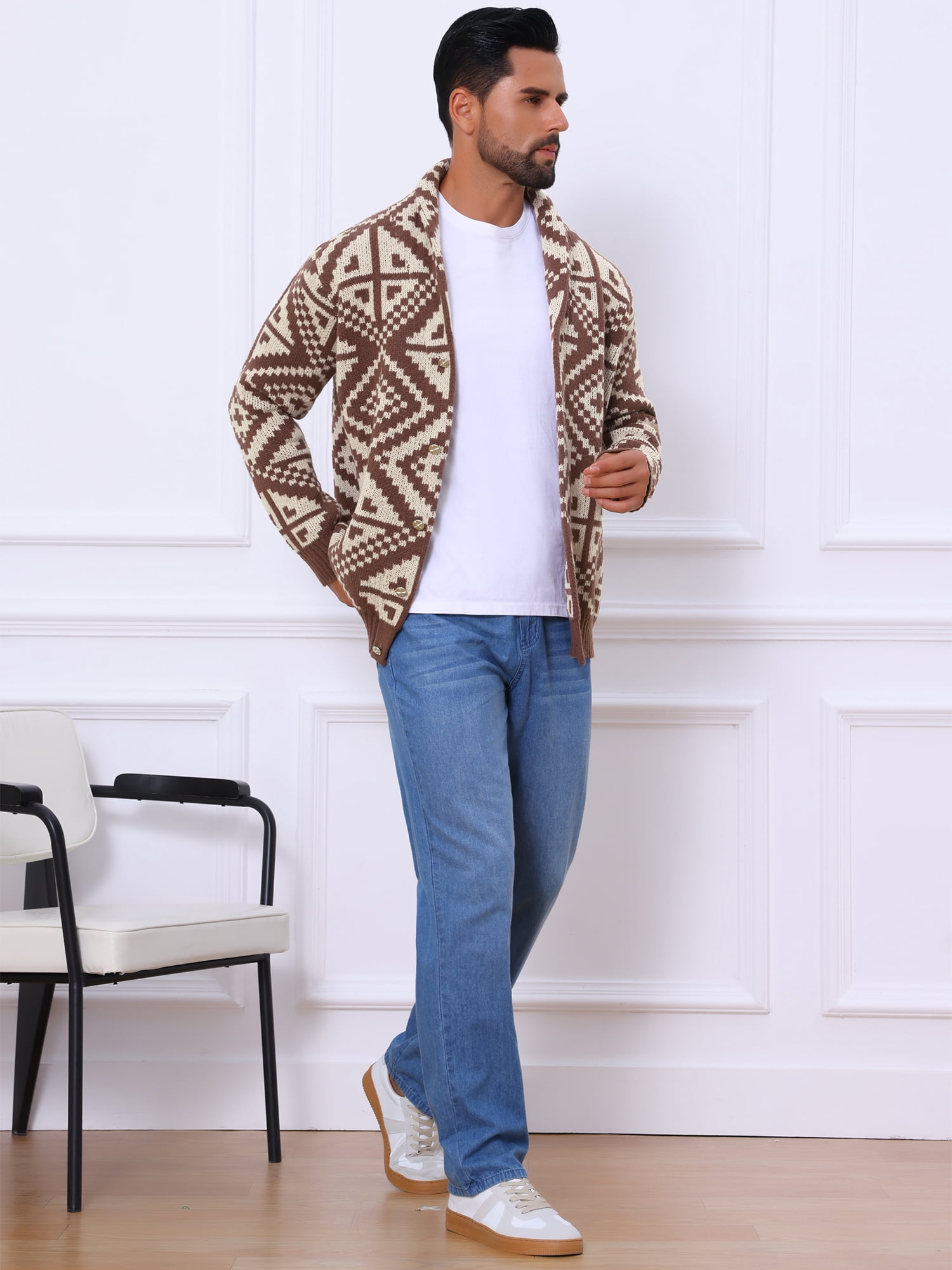 DARING DIVA Men's Shawl Collar Long Sleeved Knitwear Cardigan Sweater 2XL Brown