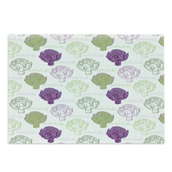 Artichoke Cutting Board, Sketch Style Vegetables Hand Drawn Style Exotic Tasty Healthy Food, Decorative Tempered Glass Cutting and Serving Board, Large Size, Lime Green and Purple, by Ambesonne