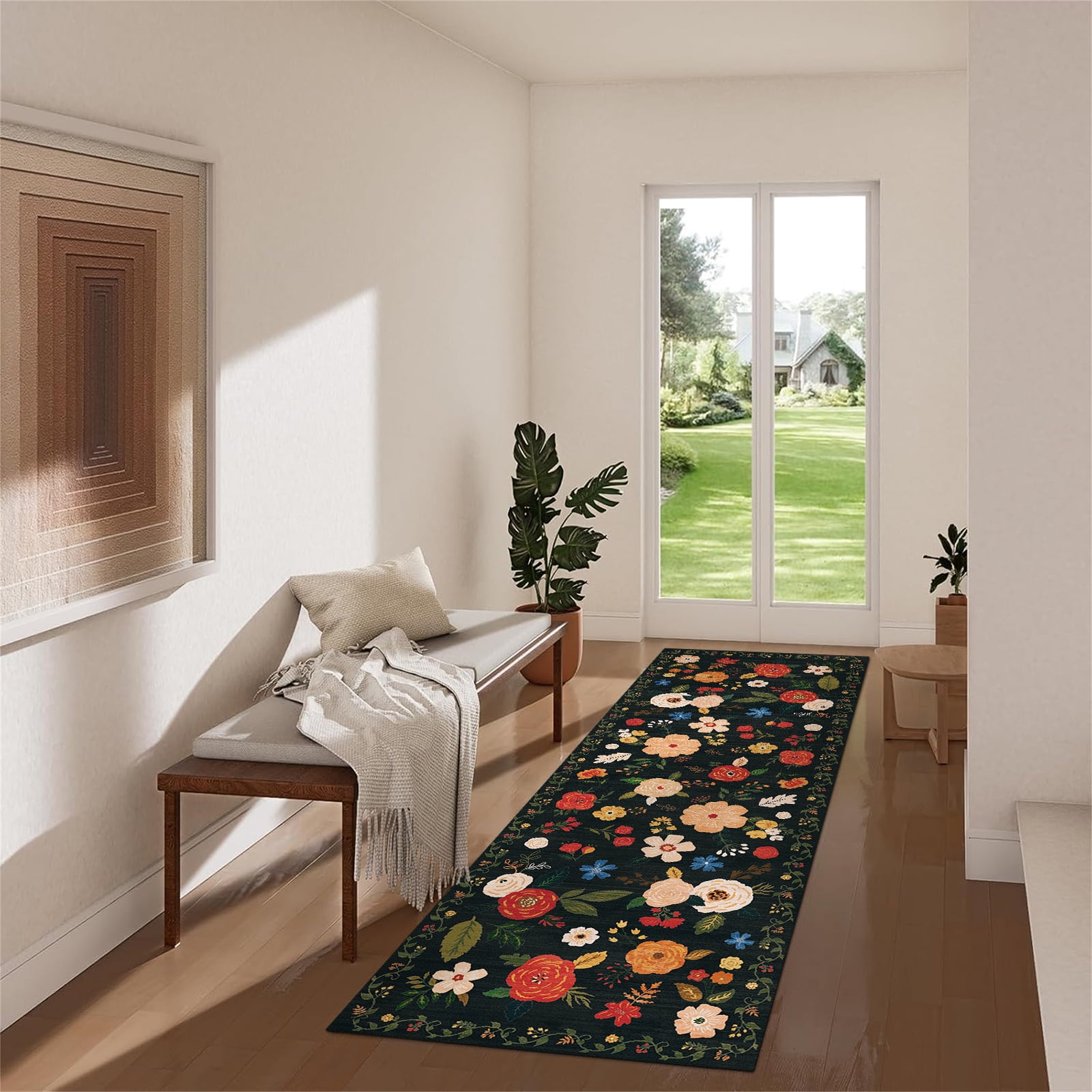 2'x 6' Boho Runner Rug for Hallways, Soft Non Slip Washable Runner Rug Floral Floor Carpet Runner Rug for Entryway Laundry Room Bathroom