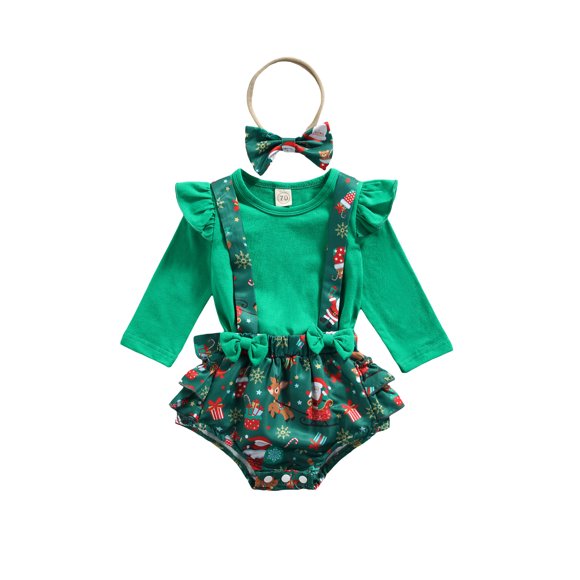 Xingqing Christmas Infant Baby Girls Clothes 3pcs Ruffle Long Sleeve T Shirts+Santa Printed Shorts+Headband Set Green 12-18 Months