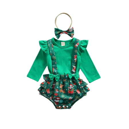 

Calsunbaby Kids Baby Girls Christmas Outfits Set Long Sleeve Tops Santa Deer Print Suspender Shorts Clothes Green 12-18 Months