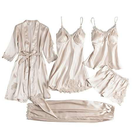 VISALY 5 piece pajama set for women Women s Satin Pajamas Set 5-Piece Pajamas Imitation Silk Womens Sleepwear Set Matching Sets Women Clothing Sleepwear Sets 5-Piece | B - Beige XXL