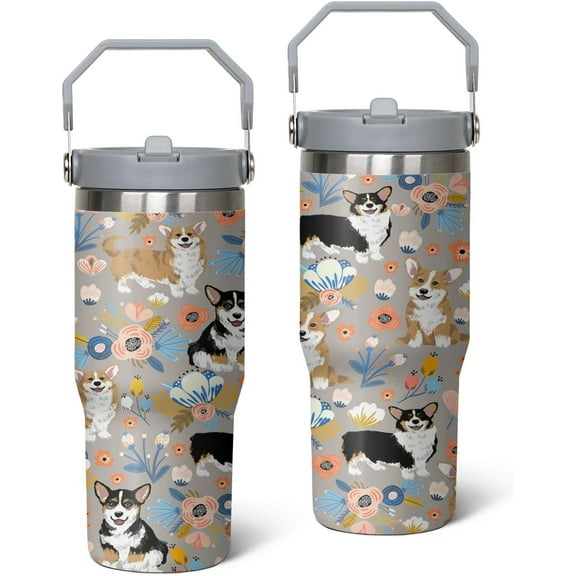 Corgi Gifts for Dog Lovers 30 OZ Corgi Tumbler Cup for Women Men Corgi Design Travel Mug Stainless Steel Insulated Water Bottle With Handle Lid and Straw