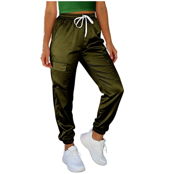Inleife Sports Long Pants Women Solid Color Elastic Waist Casual Pockets Full Length Pants Army Green L