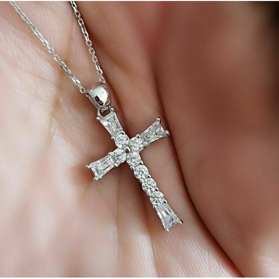 1.25Ct Round Lab-Created Diamond Cross Pendant Necklace 14K White Gold Plated 18"