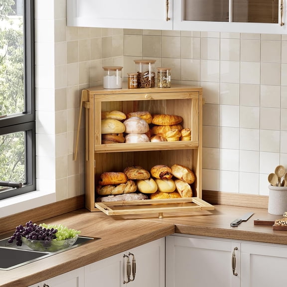 Corner Bread Box for Kitchen Countertop, Large Double Layer Bread Storage Container for Homemade Bread, Black Bread Holder for Kitchen Counter, Under Cabinet Organizer (Natural, Extra Large)