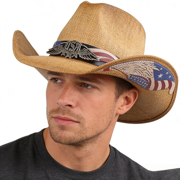 BiFandian Straw Cowboy Hat for Men and Women, US Flags Western Cowgirl Hat, Stylish Woven Wide Brim Cap with Decorative Bands, Suitable for Outdoor Activities & Casual Wear, Khaki
