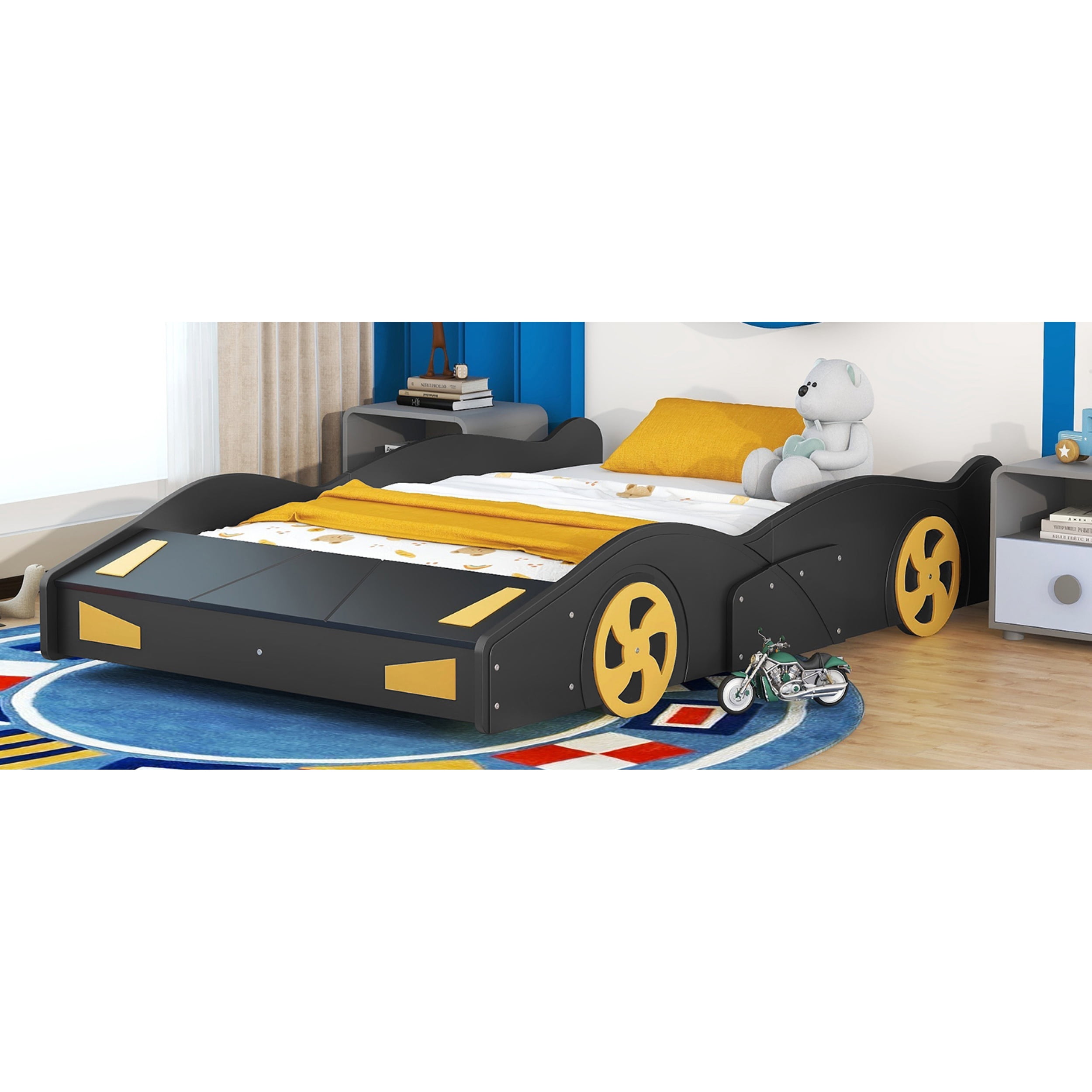 Full Size Race Car-Shaped Platform Bed with Wheels and Storage, Black&Yellow 60AAB