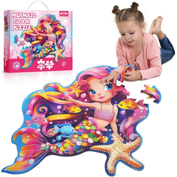 BenBen Puzzles for Kids Ages 4-6, Large 52 Piece Mermaid Floor Puzzles for Toddlers 3-5 Girls Boys