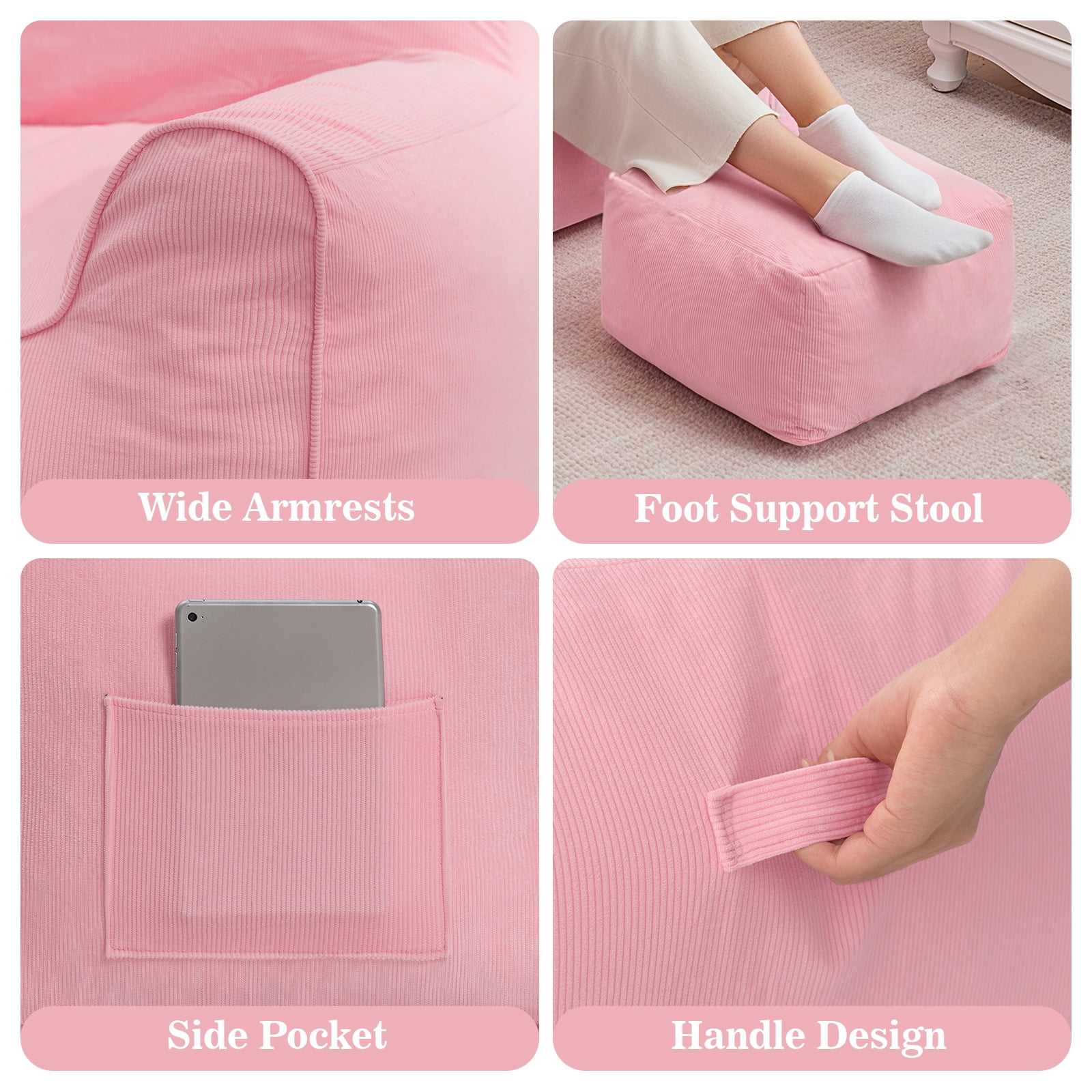 Lusimo Bean Bag Chair with Ottoman Bean Bag with Footstool for Adults Teens, Bean Bag Sofa with Washable Cover, Pocket, Handle for Bedroom, Living Room, Pink