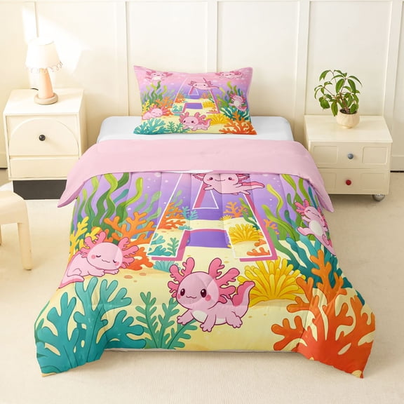 Manfei Alphabet A Art Twin Comforter Sets,Kawaii Axolotl Bedding Set,Pink,Pink Reversible,2-Piece,1 Comforter and 1 Pillowcase