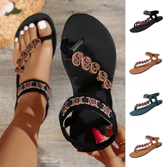 BRGZLK Flat Dressy Sandals For Women Open Toe Slip On Thong Strappy Roman Sandals Vacation Comfortable Non Slip Summer Shoes Retro Casual Sandals