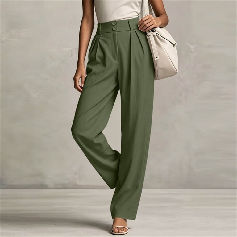 Olyvenn Women's Solid Color Dress Pants, Button & Zipper Pockets, Formal Casual Long Trousers Army Green S