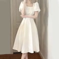 thumbnail image 2 of THDHVS Wedding Guest Dress,Plus Size Cocktail Dress,Women Square Neck Midi Dress with Full Skirt and Waist Tie Elegant White, 2 of 6