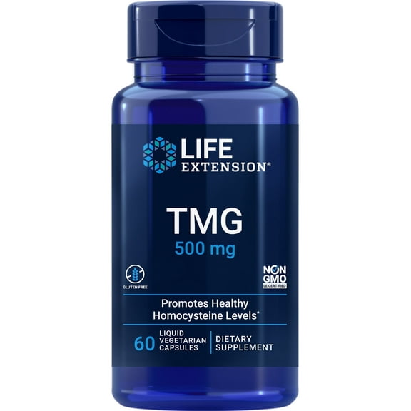 Life Extension TMG, trimethylglycine, encourages healthy homocysteine levels, non-GMO, gluten-free, vegetarian, 60 capsules