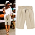 thumbnail image 2 of Lenpel Bermuda Shorts for Women Elastic High Waisted Drawstring Button Front Knee Length Shorts Summer Casual Shorts with Pockets, 2 of 7