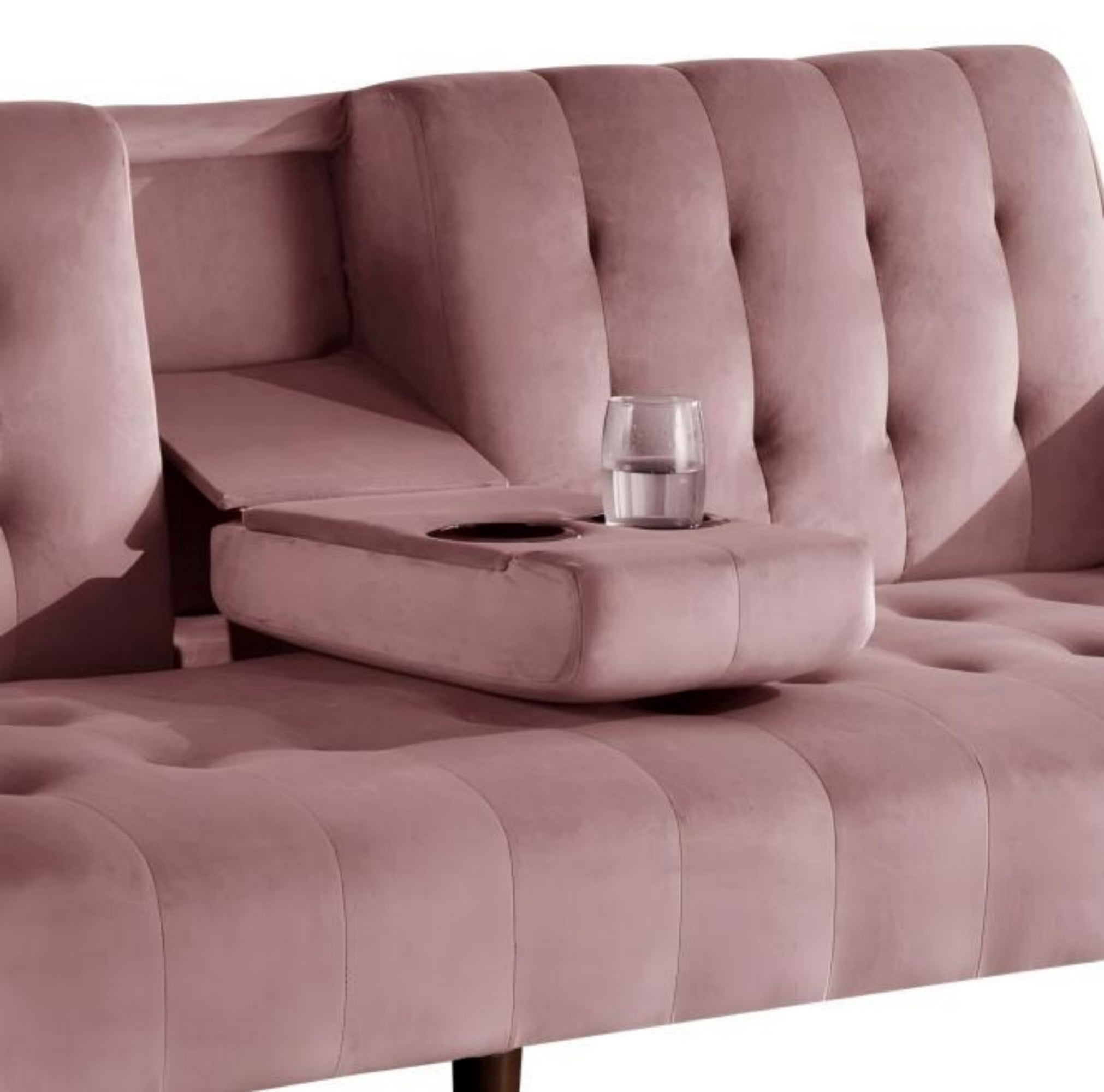 BSHTI 72" Linen Sleeper Sofa Bed with Folding Backrest,Adjustable Back, Drop-Down Table with Cup Holder for Living Room（Pink）