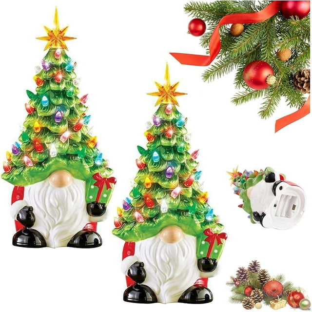 DIY Lighted Christmas Gnome Tree, Ceramic Christmas Trees That Light Up, 8 Inch Faceless Ceramic Xmas Tree, Small Prelit Tabletop Decor with Multicolored Lights for Home Indoor (2PCS)