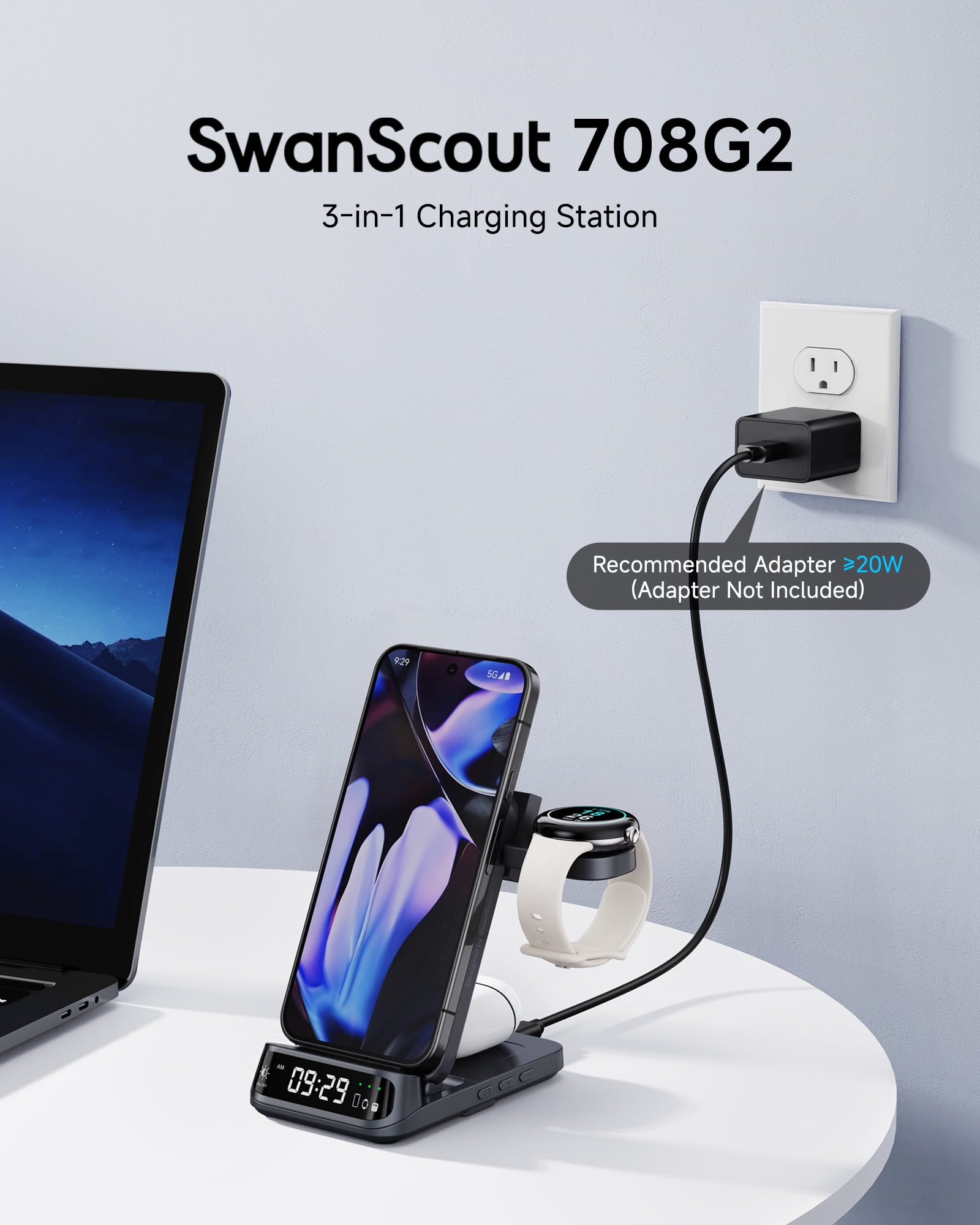 Wireless Charger for Pixel Watch 3/2 (Not for Pixel Watch 1), 3-in-1 Charging Station for Google 9 Pro Fold/9a/9 Pro/9/8 Pro/8a/7/6/5/4, SwanScout 708G2 (No Adapter)