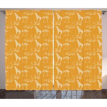 Yellow And White Curtains 2 Panels Set White Silhouettes Of