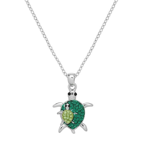Turtle Pendant Necklace Rhinestone Crystal Rhodium Plated 17 Inch Snake Chain J1078