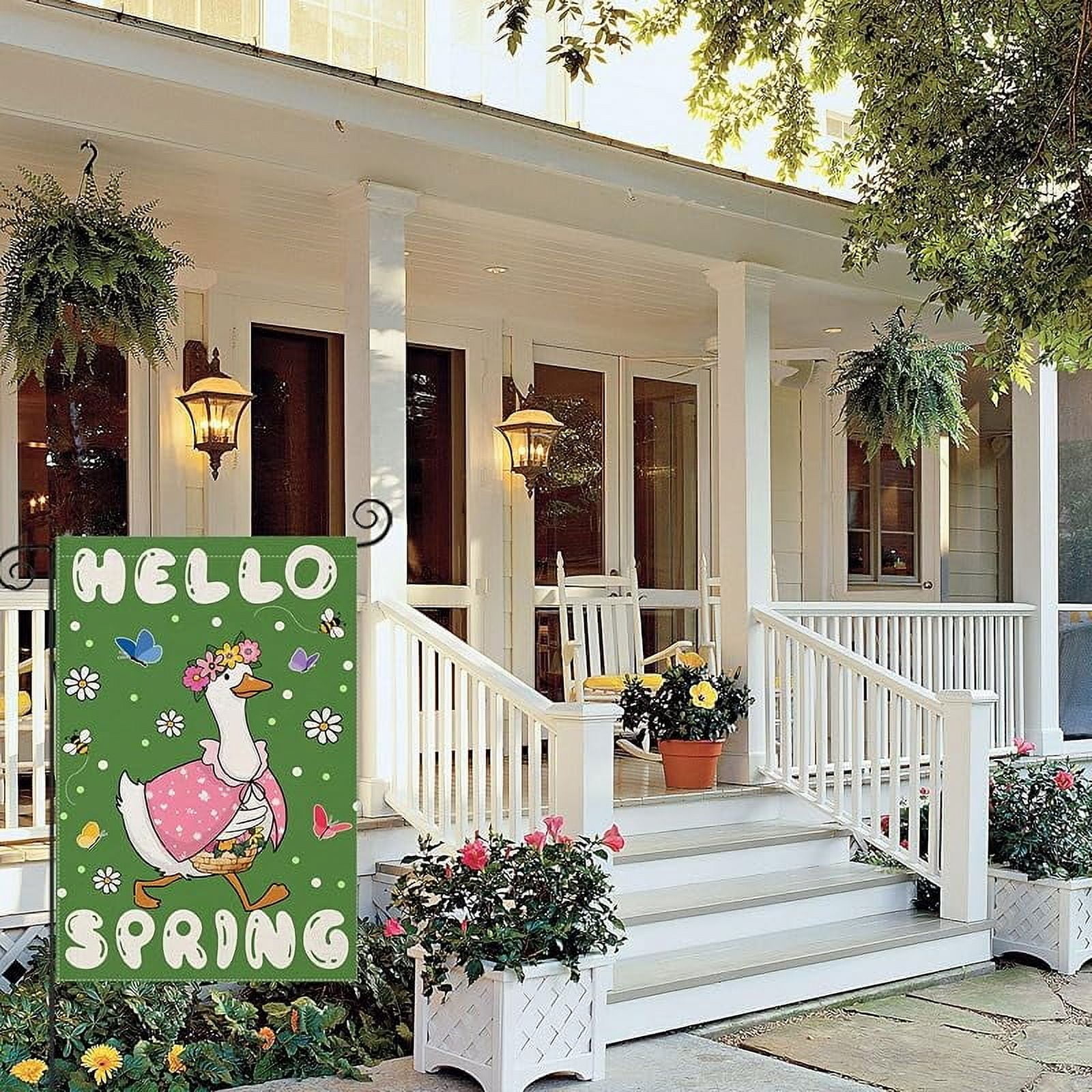 Hello Spring House Flags for Outdoor Decoration, Funny Goose with Flowers Large Yard Flag,Seasonal Decorative Decor for Holiday Summer Outside 28x40 Inch Vertical Double Sided