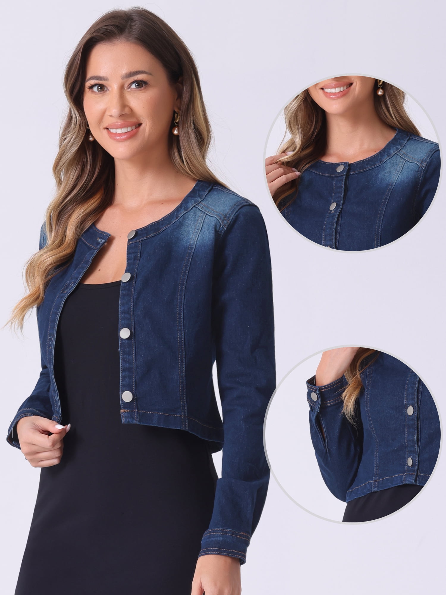 DARING DIVA Women's Collarless Button Down Long Sleeve Denim Jacket S Black Blue