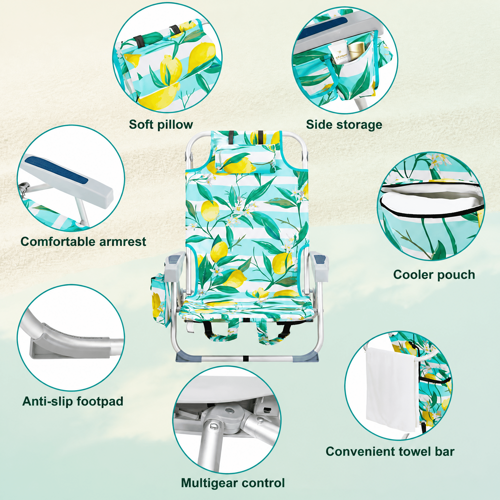 63*65*82cm Short Oxford Cloth Silver White Aluminum Tube Bearing 100kg Beach Chair Lemon