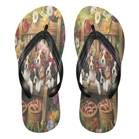 YAZAOOSummer Flip Flops Creatively Puppy Picnic in The Garden Simple Beach Sandals