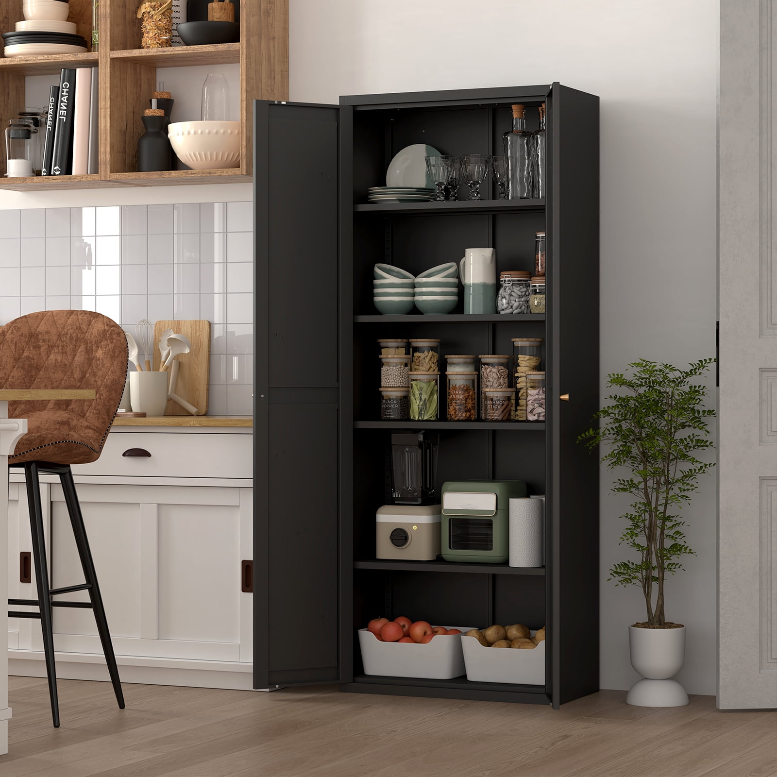 Marcree 71" Metal Storage Cabinet with 2 Doors and 4 Adjustable Shelves, Black Kitchen Pantry Storage Cabinet, 5-Tier Tall Steel Cabinet Locker for Kitchen, Living Room, Dining Room