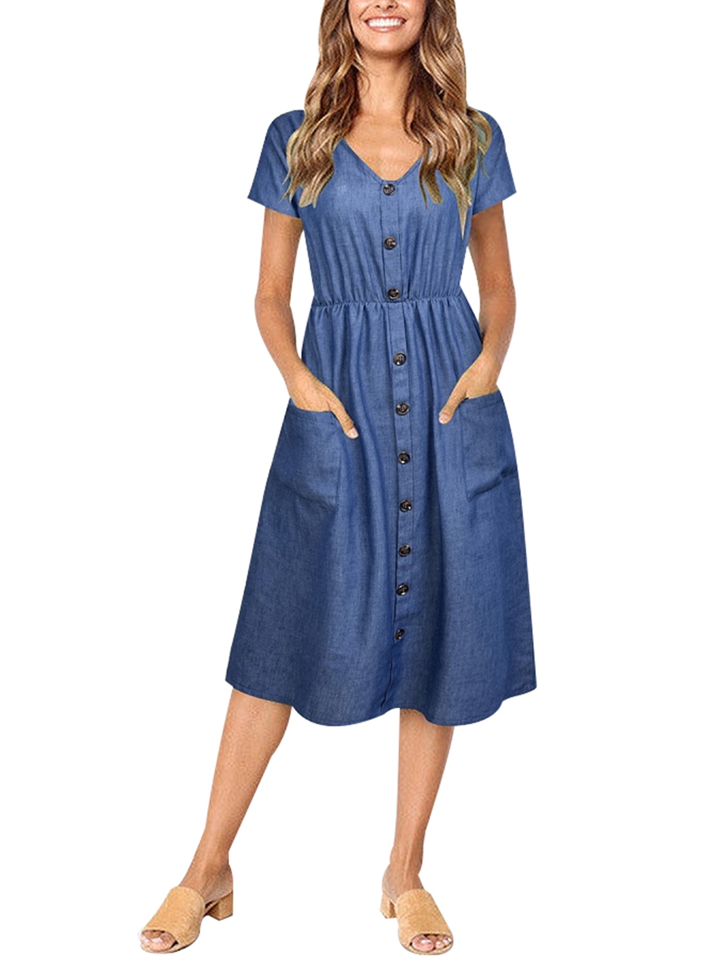 Verycand Women's Loose Short Sleeve Denim Button Dress - Walmart.com