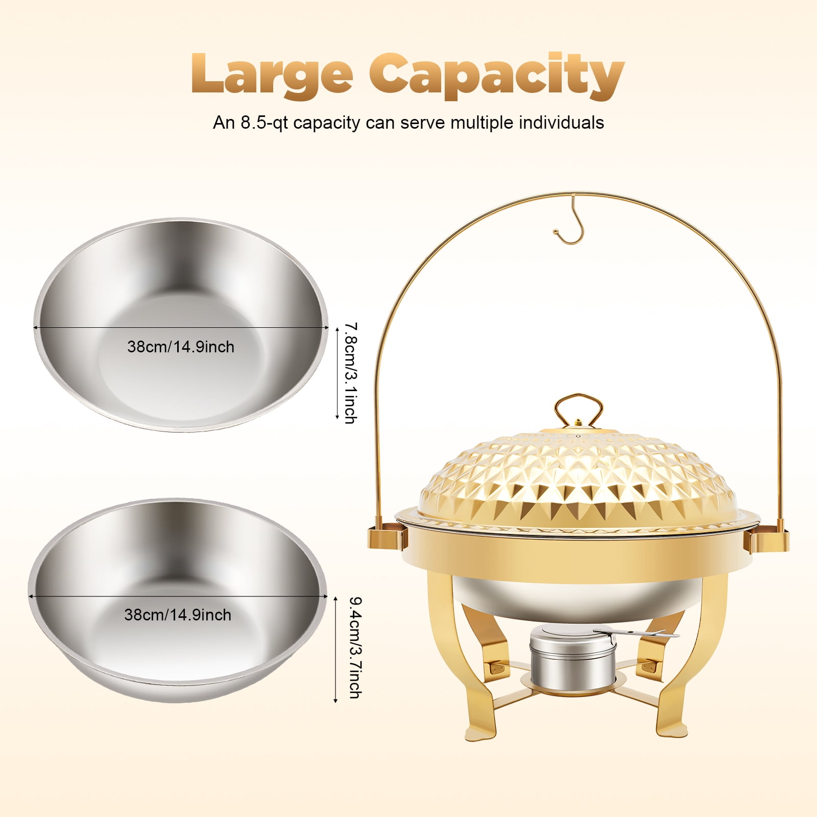 ChicHomey Diamond Hanging Lid Stove with Alcohol Burner, 8.5QT Stainless Steel Buffet Warmer,Gold Finish, for Buffets, Family Gatherings, and Banquets