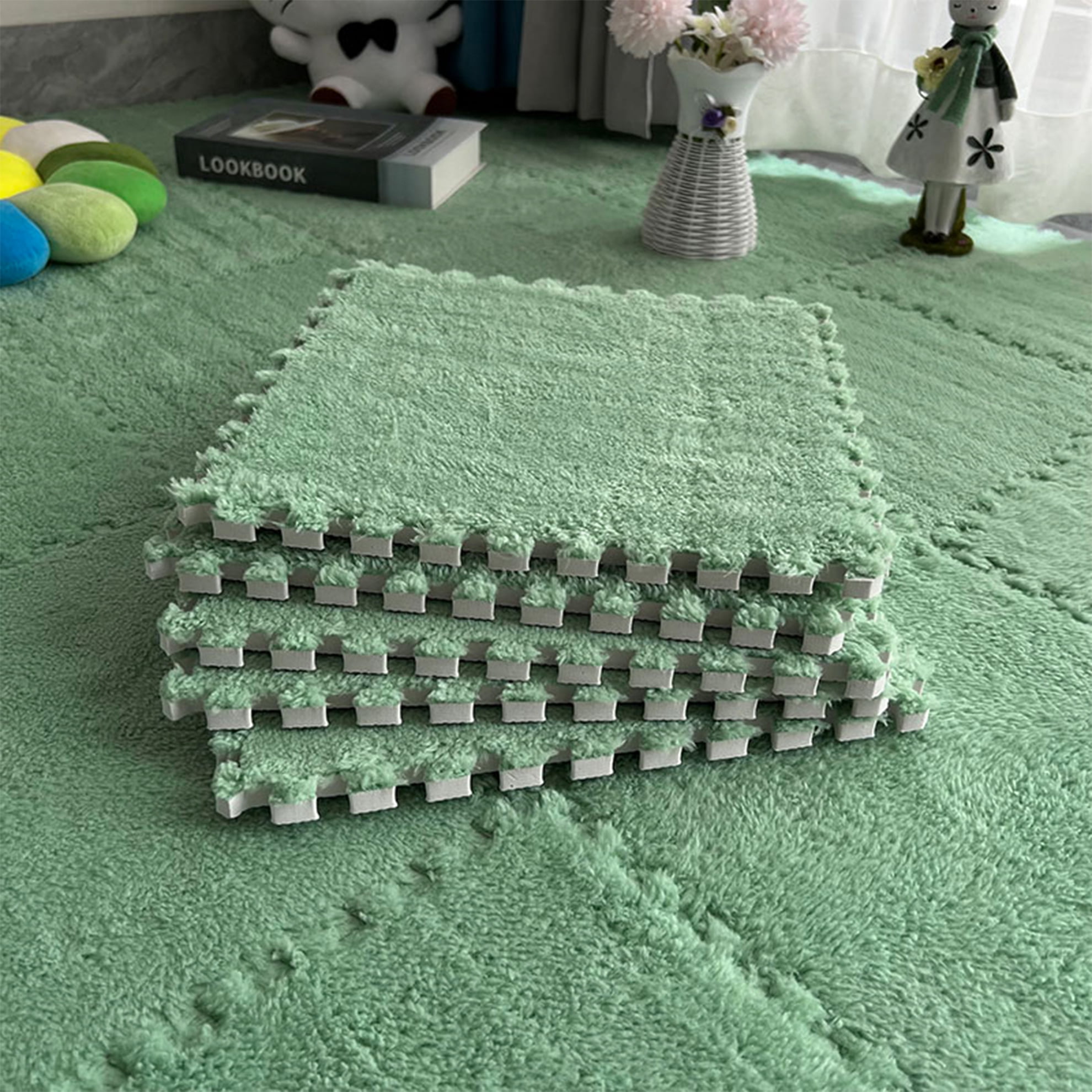 Interlocking Carpet Shaggy Soft EVA Foam Mats Fluffy Square Thickened Plush Tiles Protective Floor Tiles Exercise Play Mat for Children Kids Room Home Parlor Bedroom (Mint Green, 12 Pcs)