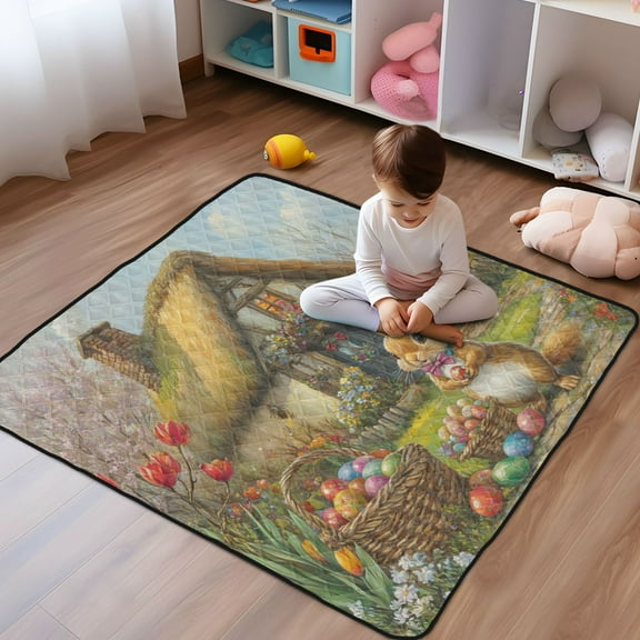 WOBOGO Easter Cozy Straw House Baby Playmats Extra Large Waterproof Rollable Activity Pads for Toddlers 50×50inch
