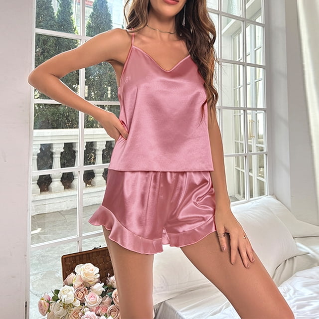 Aqestyerly Ensembles Deux Pièces pour Femmes Jupe Habillée Pyjamas Dos Nu Sexy Robe Maison Shorts