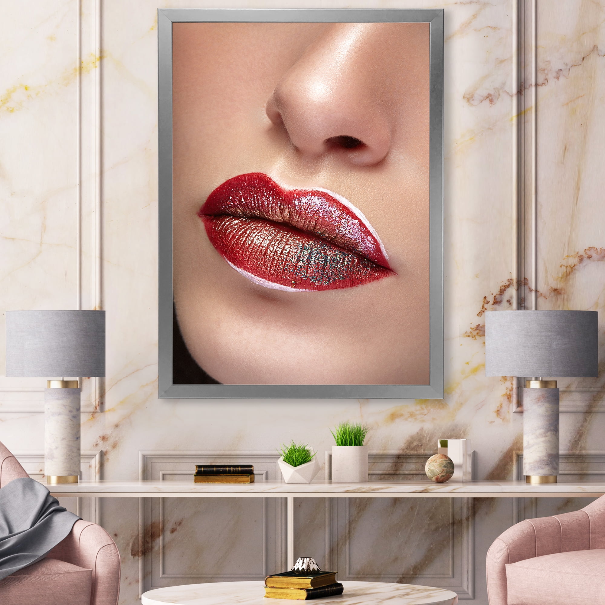 Designart 'Close Up Lips With Professional Lipstick and Make Up' Modern Framed Art Print
