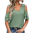 thumbnail image 3 of Plebaso Women's Cold Shoulder Tops Summer V Neck Casual Eyelet Loose Tunic Blouse Vacation Beach Clothes, 3 of 5