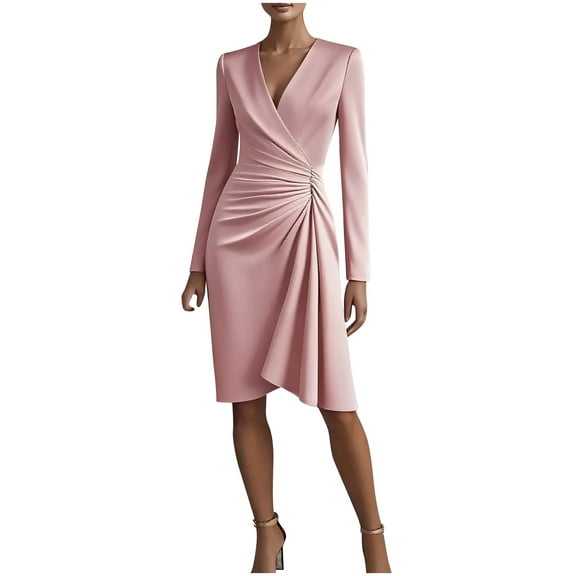 Htigea Elegant Ruched Dress for Women V-Neck Long Sleeve Wrap Dresses Flowy Irregular Hem Wedding Guest Midi Dress Pink S