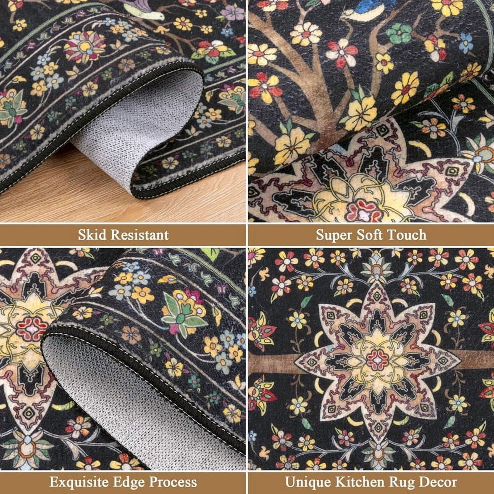 Findosom 3pcs Washable Kitchen Rug Set,Non-Slip Floral Boho Kitchen Mats Kitchen Runner Rug Floor Carpet for Hardwood Floor,Sink,Entryway,Bathroom,Home Decor,20"x32"+20"x48"+20"x59"