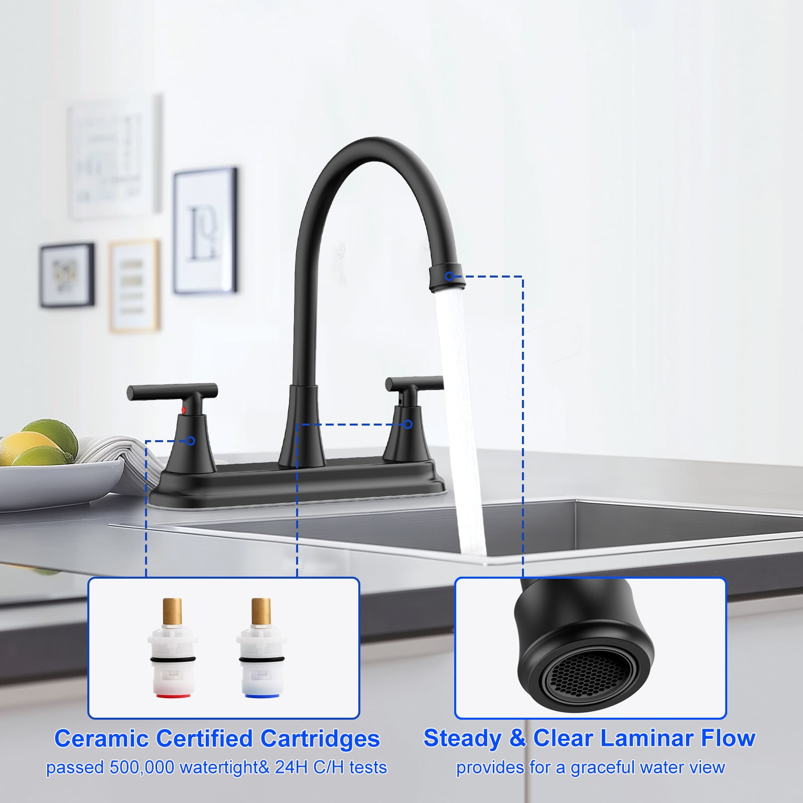 KINGTACK Two Handles Kitchen Faucet, 3 Hole or 4 Holel Faucet for Kitchen Sink, Matte Black