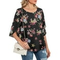 thumbnail image 5 of Wangmeiwg Womens Casual Floral printed O-Neck Loose 3/4 Sleeve Chiffon Blouse Tops Swim Tops, 5 of 7