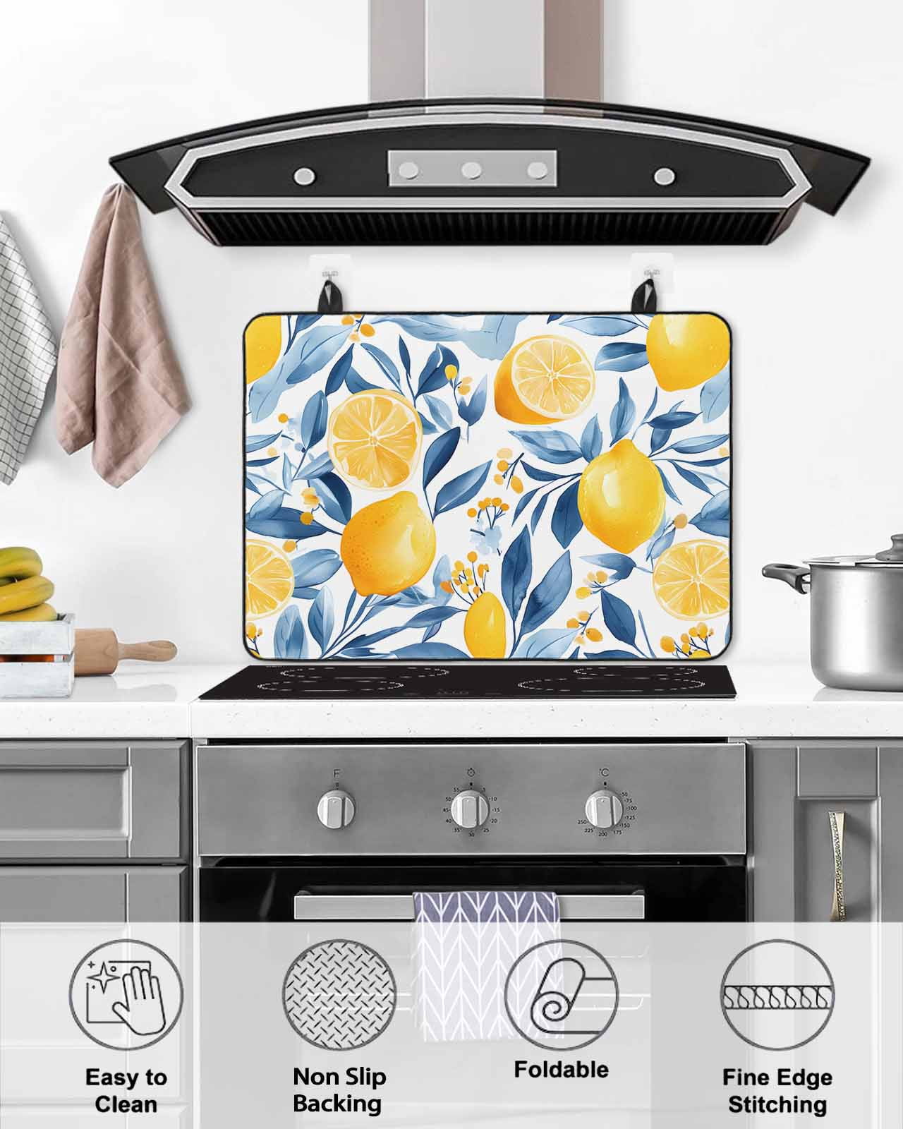 nqOlkjepod Large Induction Cooktop Protector Mat 31"x24", Summer Lemon Stove Top Covers for Electric Stove, Spring Pastoral Watercolor Fruit Blue Yellow Stove Burner Cover Mats Stove Cover