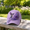 thumbnail image 4 of Purple Floral Hummingbird Alzheimer's Awareness Support Hat | Pansy Print, Purple Ribbon, Unisex, Purple Floral Hummingbird Print Cap, 4 of 6