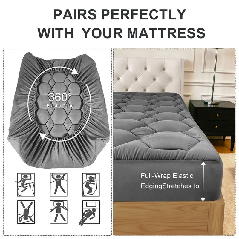 Grey Extra Thick King Size Mattress Topper, Cooling King Mattress Pad and Mattress Protector King for Back Pain, Breathable and Moisture-wicking Mattress Topper King with Deep Pocket Mattress Cover