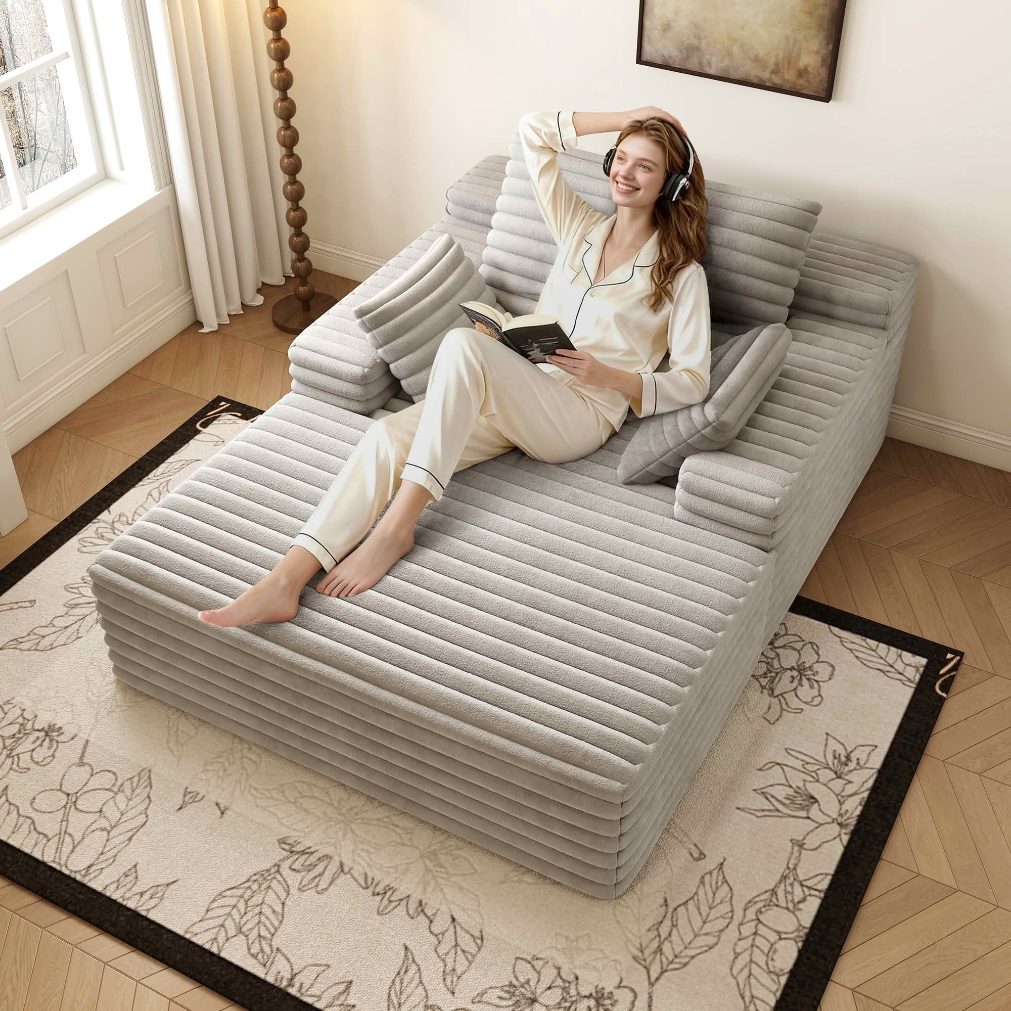 MAYEERTY Oversized Corduroy Chaise Lounge, 600lbs Capacity Indoor Lounge Chair, Ergonomic Accent Chair with Pillows for Living Room Bedroom, No Assembly Required