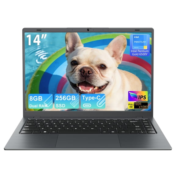 RNRUO 14" Laptop Computer, 8GB RAM 256GB SSD Intel 6500Y with 2 Cores, 1080p Display, Dual 4K Output, Type-C PD WiFi5 BT5.0, Office 2024 Windows 11 for Business Study, Dark Gray