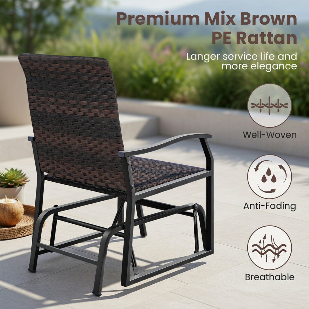 Hommoo 3-Piece All-Weather Patio Gliding Set with Tempered Glass Coffee Table, PE Rattan Outdoor Seating for Backyard, Poolside & Porch, Brown