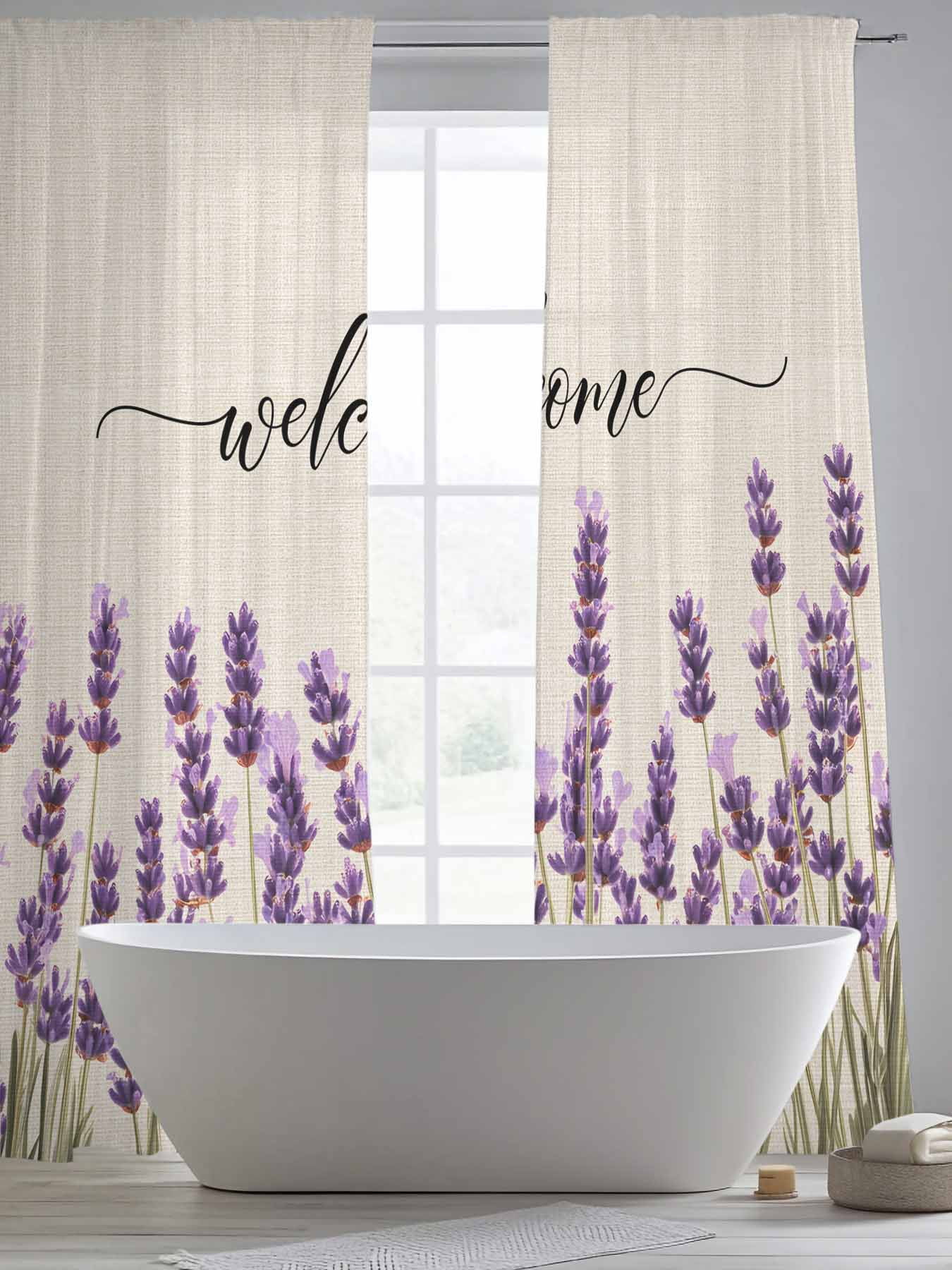 Purple Lavender Sheer Curtains 84 Inch Long 2 Panels, Spring Pastoral Linen Texture Light Filtering Rod Pocket Semi Sheer Curtains, Sheer Voile Drapes for Living Room Bedroom, 52"x84"