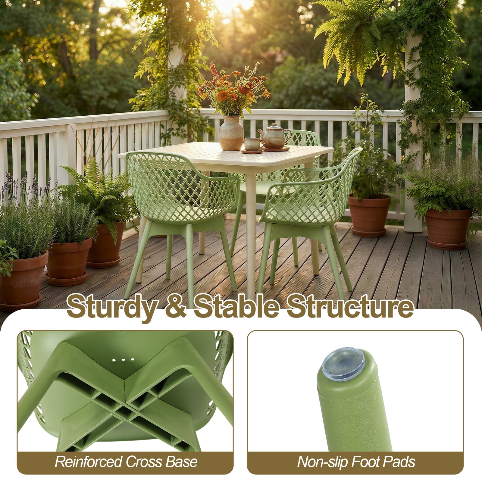Aoodor Modern Dining Chairs Set of 2, Weather-Resistant Plastic Cafe Chairs with Ergonomic Back and Non-Slip Pad, Suitable for Patio, Restaurant, Yard, Porch, Balcony, Green