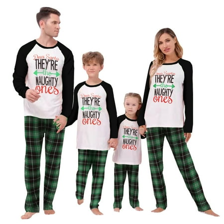 

Matching Family Christmas Pajamas Letter Raglan Tops + Plaid Pants Set